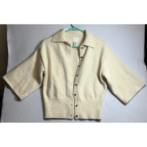 HM Cream Short Sleeve Knit Cardigan Collared Button Front Sweater Small - Image 3