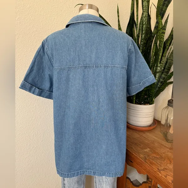 Vintage fall‎ Denim Shirt Large – Studded Leaf Embroidery 90s Style - Image 7
