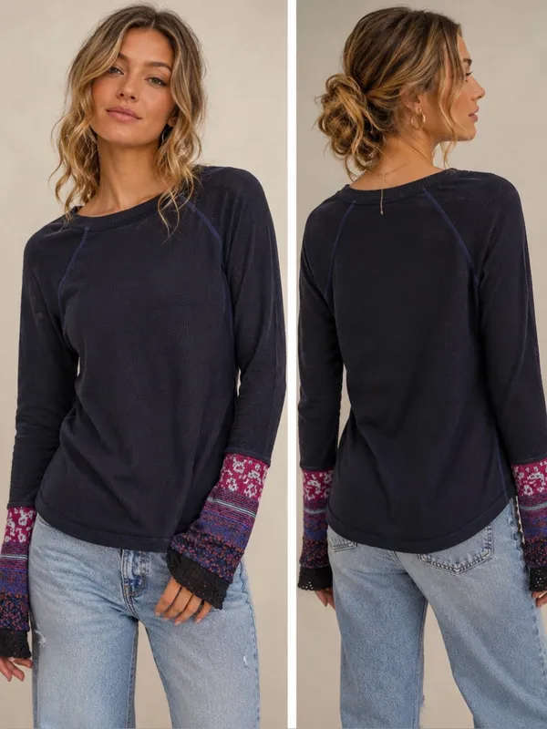 Free People Mixed Up Cuff Thermal Top Waffle Knit Boho Pattern Knit Cuff Sz S🧡 - Image 2