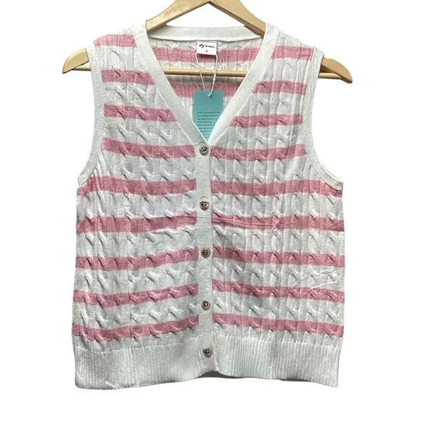 Wiholl cable knit sleeveless sweater. Pink on ivory stripes. Size Small - Image 4