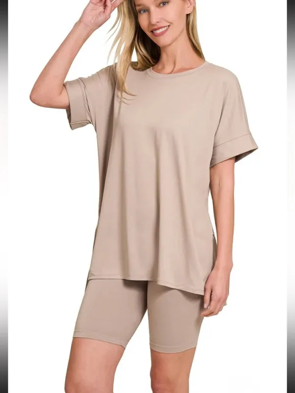 Zenana Brushed Microfiber Round Neck Top and Biker Shorts Set size small - Image 3