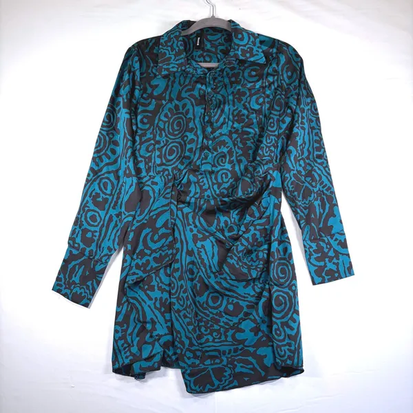Venti6 LA Teal Abstract Swirl Ruched Mini Dress Long Sleeve Made in Italy S‎ - Image 2