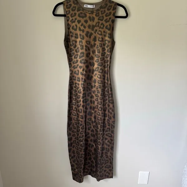 Zara Leopard Print Foil Knit Midi Dress Size S NWT - Image 2