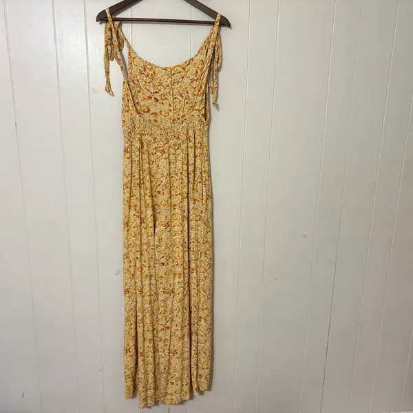 Free People Boho Maxi Dress M Yellow Paisley Smocked Tie Strap Flowy Festival - Image 9
