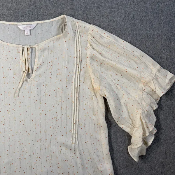 Lauren Conrad LC Size Small Cream Moon Star Pintuck Tie Neck Blouse Top Ruffle - Image 2
