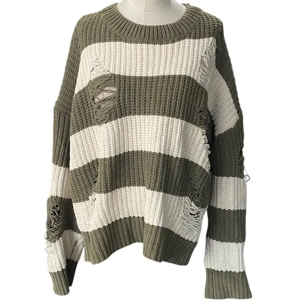 POL Distressed Olive & Cream Striped Knit Sweater - Size Small pullover - Image 2