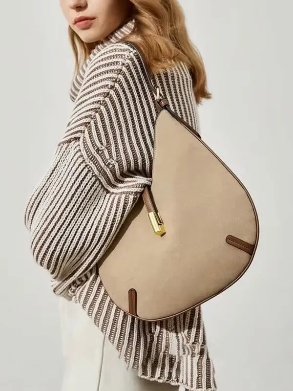 NEW faux leather round Light Taupe cream Crescent Shoulder Bag with Gold Accent - Image 9
