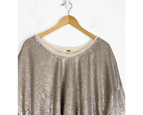 Free People Champagne Dreams Tee Small Neutral Gold Sequin Oversized Cropped - Image 4