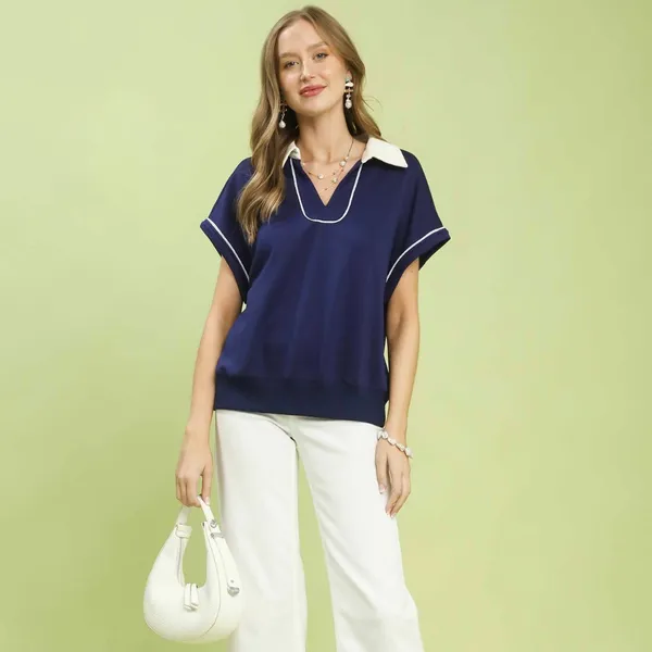 Umgee Contrast Collar Soft‎ Knit Polo Top - Image 4