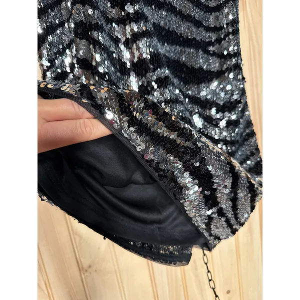 AIDAN MATTOX Black Sequin Zebra Animal Bodycon Mini Dress Party Night Out 6 - Image 4