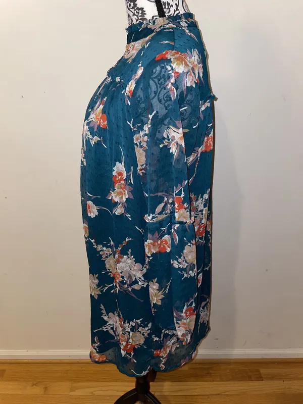 Japna Floral Boho Semi Sheer Mock Neck Bell Sleeve Peasant Dress Size Medium - Image 4