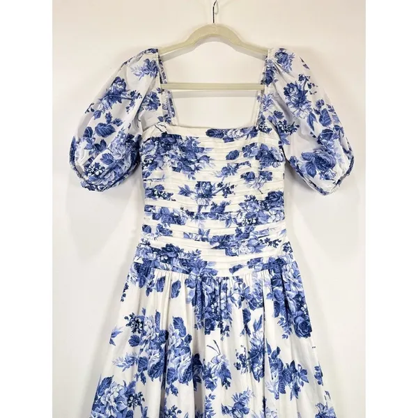 Abercrombie Fitch Midi Dress Blue Emerson Poplin Floral Puffed Pleated Boho XS - Image 7