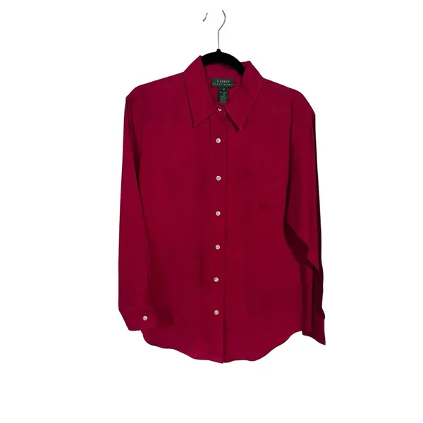 LAUREN RALPH LAUREN Womens Medium 100% Linen Red Button Up Shirt RL Logo Vintage - Image 3
