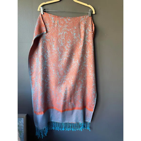 Orange and Turquoise Paisley Patterned Scarf with Fringe - Image 2