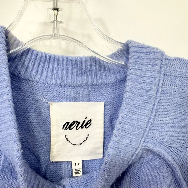 Aerie Small Sweater Cable Knit Periwinkle Blue Raglan Crew Academia Preppy 1691 - Image 7