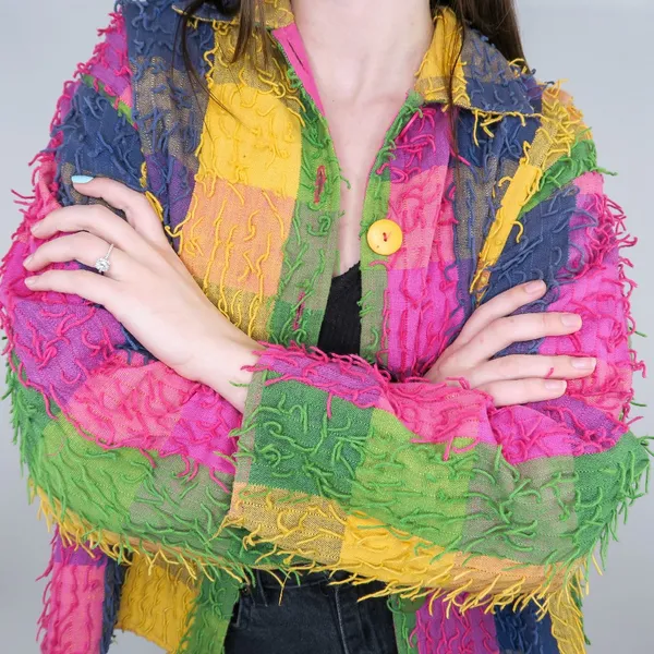 Vintage Keren Hart Colorblock Stringy Fringe Shaggy Rag Jacket - Image 2