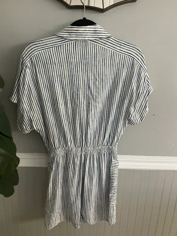 Blue White Stripe Lined Blend Button Down Shirt Short Romper Jumpsuit - Image 10