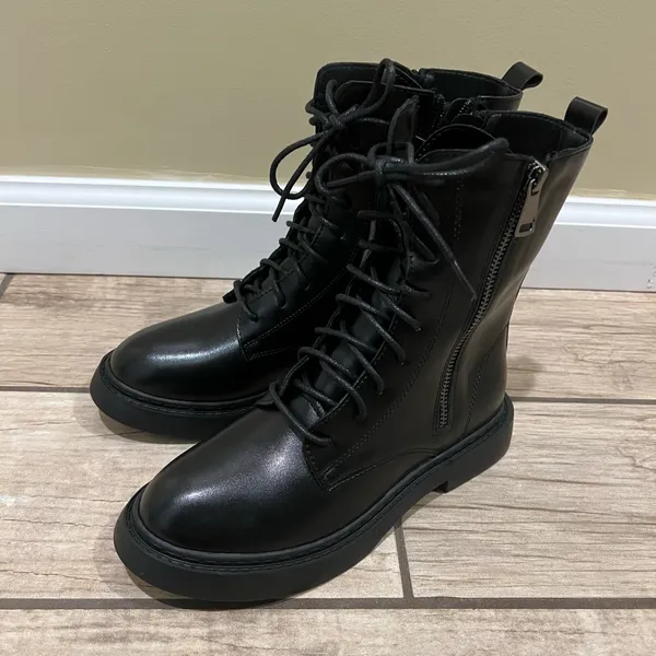 Combat Boots Lace Up Side Zipper Boots Stylish Faux Leather Boots Booties Pu Shoes - Image 2