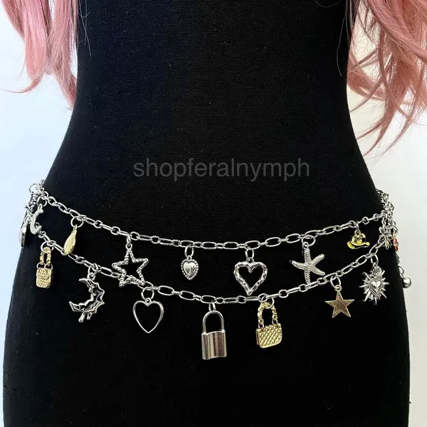 Silver Harajuku Y2K Charm Layered Chain Belt, Fits 18.5-39 Inches, X7GA1306 - Image 3
