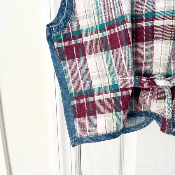Metro Express Vintage Denim Chambray Red Plaid Flannel Back Button Vest L 14/16 - Image 9