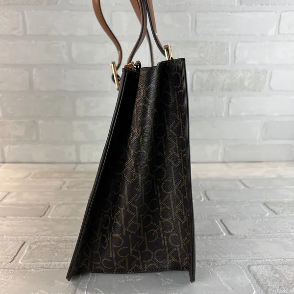 Calvin‎ Klein Signature Tote Shoulder Bag Brown CK Monogram Print Brown Leather - Image 7