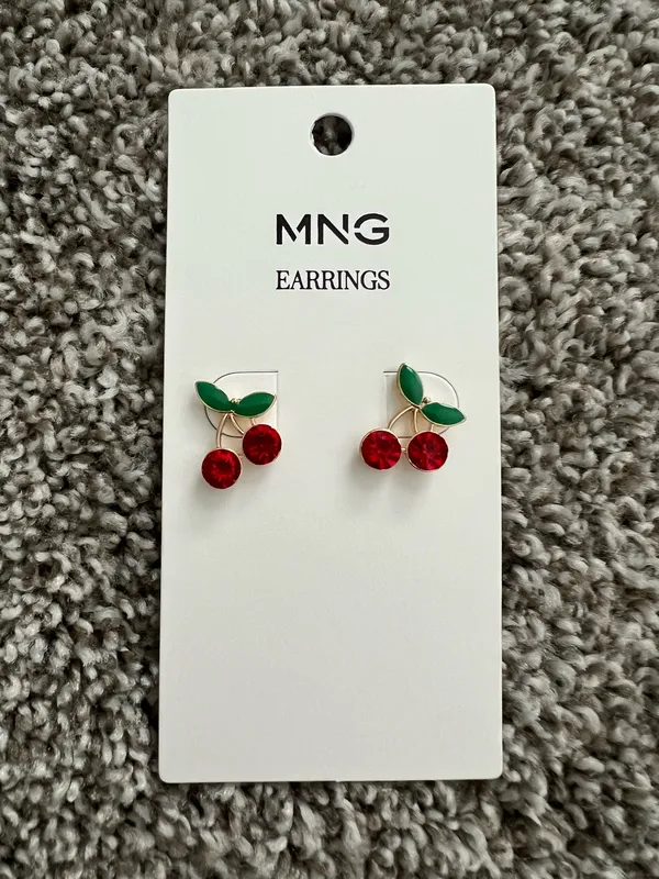 MNG Mango Cherry Earrings Red Rhinestone Stud Cute Fruit Jewelry Gift - Image 2