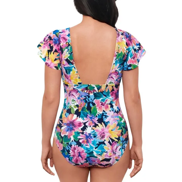 Swim Solutions Garden Dreams Flutter-Sleeve One-Piece Swimsuit Navy Blue Multi 8 - Image 7