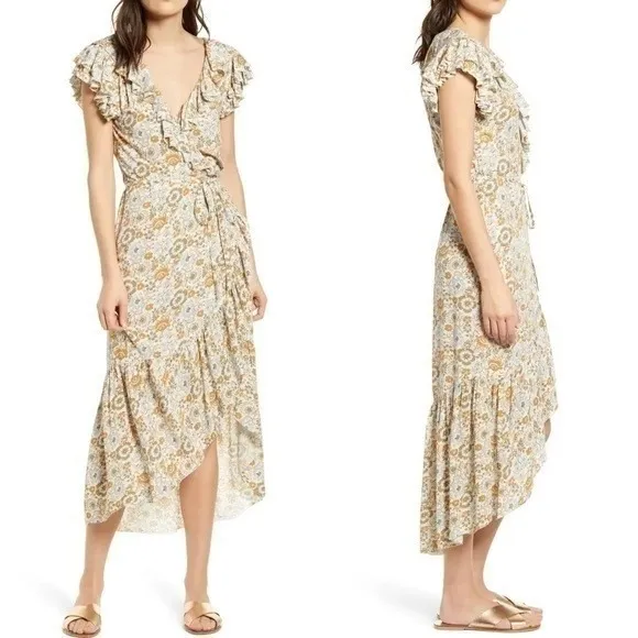 Faherty Carmen Floral Print Wrap Midi Dress‎ Ruffle Short Sleeve Hi Low Small - Image 2