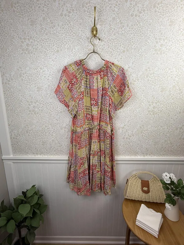 Anthropologie Pink and Yellow Robin Tiered Patchwork Mini Dress - Size - Small - Image 5