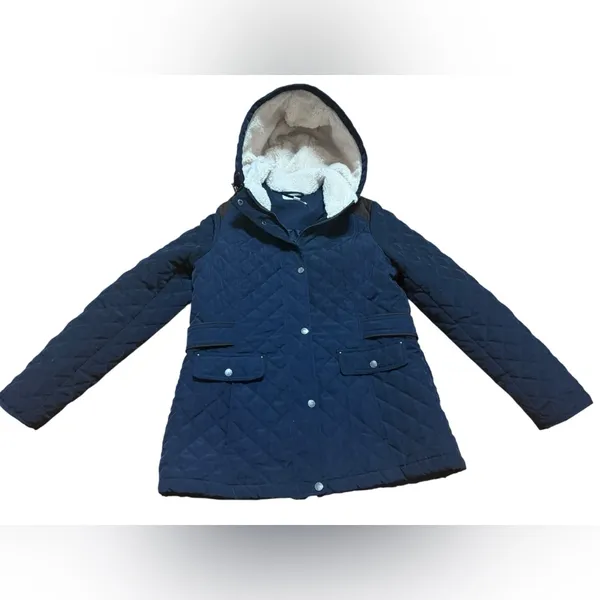 Laundry by‎ Shelli Segal Fleece-Lined Hooded Coat Navy Blue Quilted Sz L - Image 13