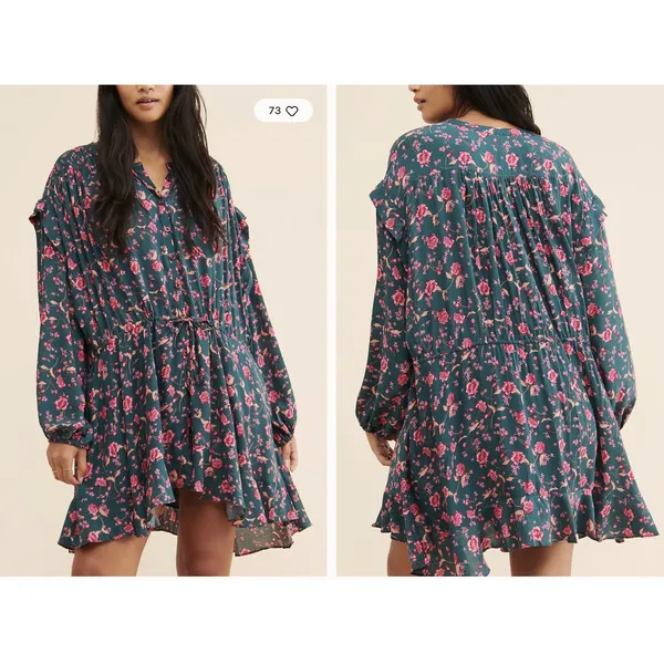 Free People Floral Mini Babydoll Dress Button Front Long Sleeve Green Pink M‎ - Image 2