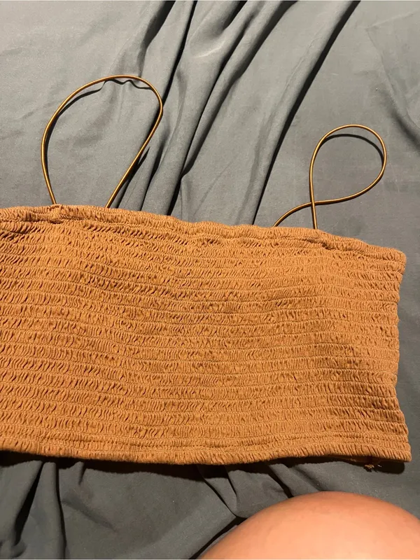Anthropologie Maeve Smocked Spaghetti Strap Crop Top in Camel - Image 2