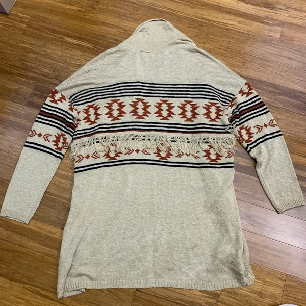 Maurices Women's 1X‎ Beige Geometric Fringe Longline Open Front Cardigan Sweater - Image 4