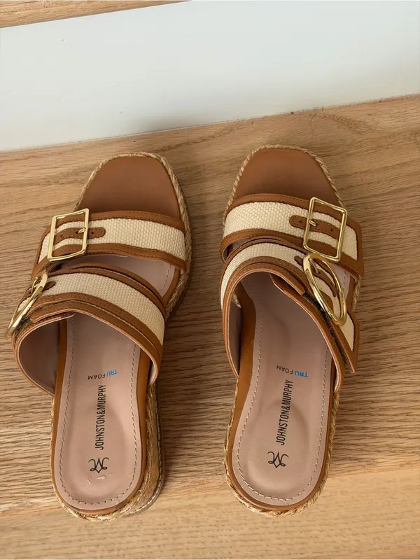Wedge Slide Sandal in Tan and Cream with Buckle - Image 2