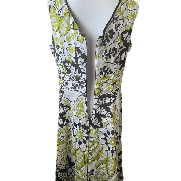 Amanda Lane Women‎ Retro Mod Floral Midi Dress 14 Green Brown V-Neck A-Line - Image 7