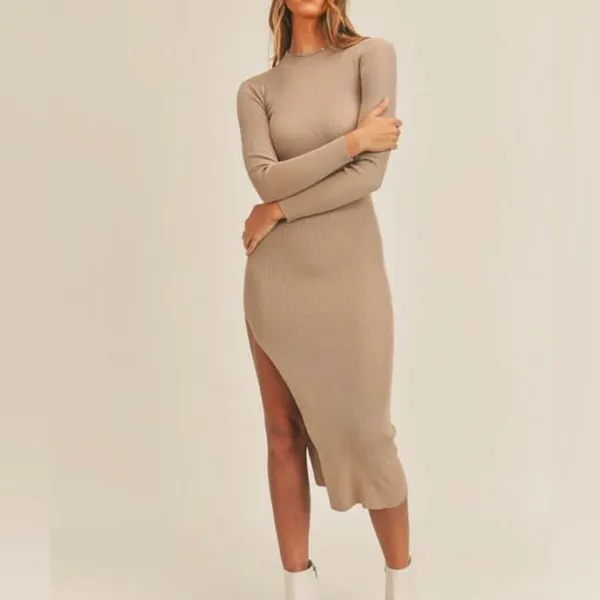 Long-Sleeve Asymmetric Midi Dress in Taupe - Image 2