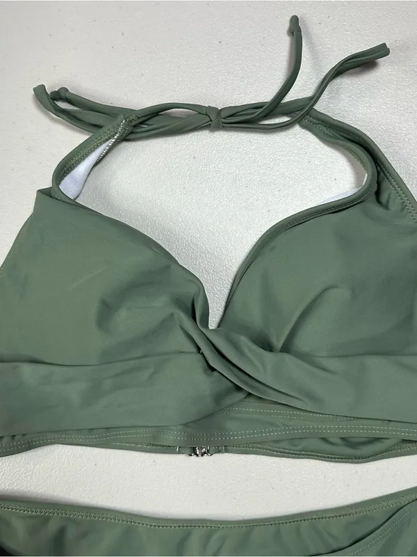 Olive Green Two-Piece Bikini Swimsuit | Halter Wrap Top Women’s Size Small NWOT - Image 4