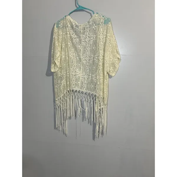 Hollister Kimono Top Size M Lace Ivory/Off White Boho Cream‎ Festival Fringe - Image 5