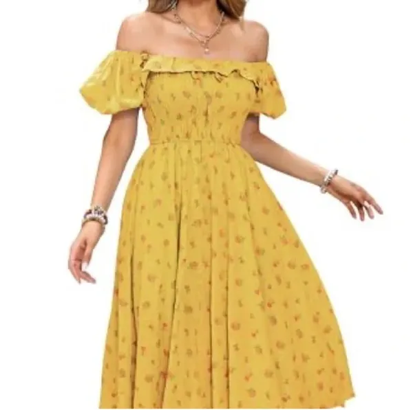 R.Vivimos Floral A-Line Print Puff Sleeve Dress Cottagecore Midi - Image 2