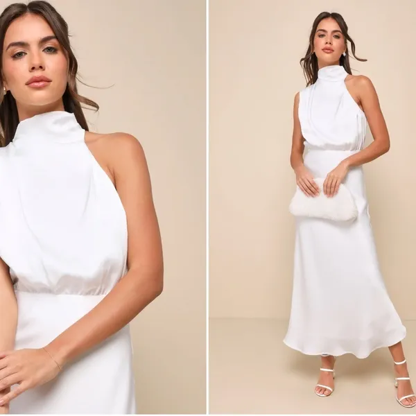 LULU's Bridal HIneymoon Engagement White Satin Modest Halter Mermaid Midi Dress - Image 2
