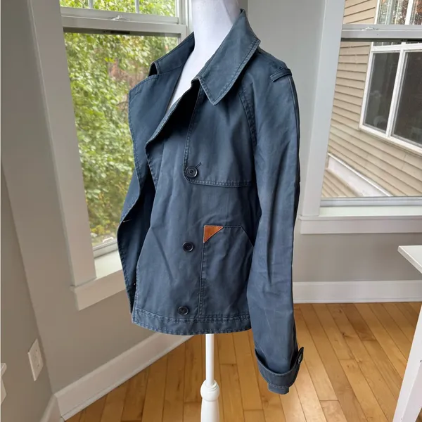 LACOSTE Navy Blue Cropped Waxed Canvas Trench Coat Utility Jacket Sz 40 - Image 3