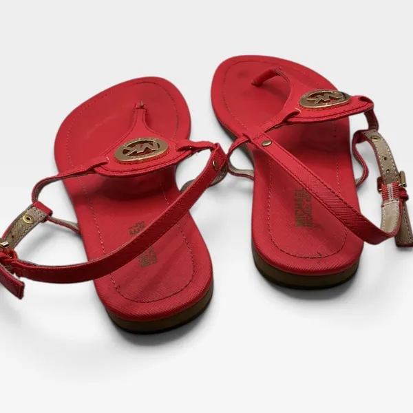 Michael Kors Plate Thong Sandals Red Saffiano Gold Logo Medallion 7.5M RN17A - Image 9