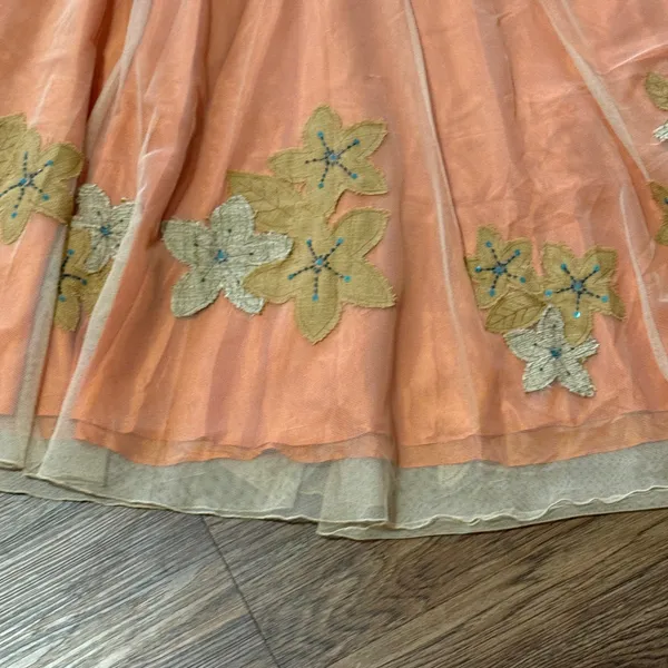 Citrine Midi Skirt Mesh Overlay Burlap-Like Leaf Applique Blue Beads Sequins 14 - Image 8