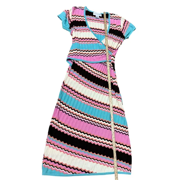 Bloomingdales Pink Turquoise Chevron Zigzag‎ Knit Wrap Midi Dress Vintage Med - Image 5