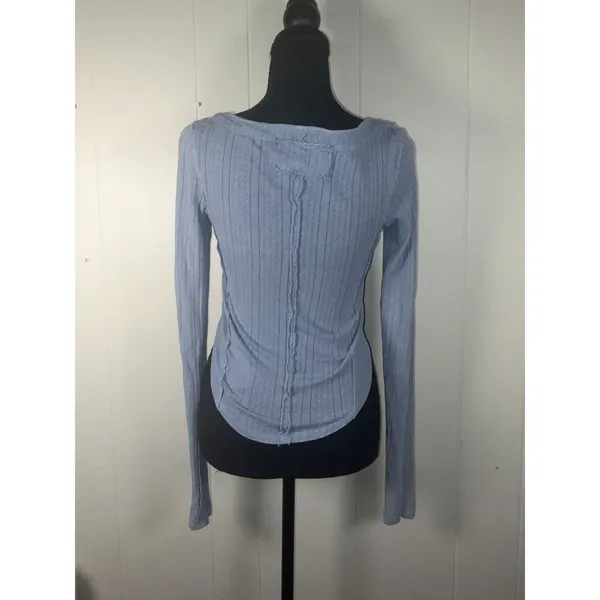 Free People We The Free XS Blue Pointelle Thermal Long Sleeve Raw Seam Top - Image 3