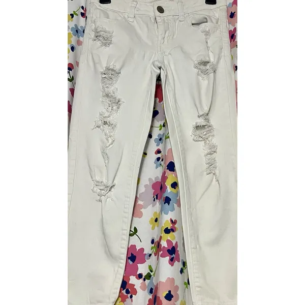 American Eagle jeans Size 00 White Stretch Denim Distressed Ripped Classic - Image 2