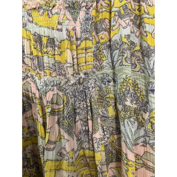 Free People Elephant Print Smocked Mini Dress Tunic Yellow Pink XS Boho Chic - Image 2