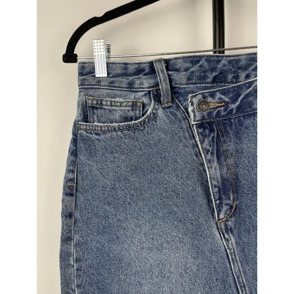 Sam Edelman Medium Blue‎ Wash The Riley Asymmetrical Raw Hem Denim Jean Skirt 29 - Image 2