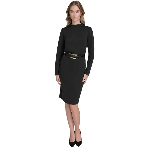 Halston Womens Mock-Neck Belted Long-Sleeve Dress HS4I2AYE Black M - Image 9