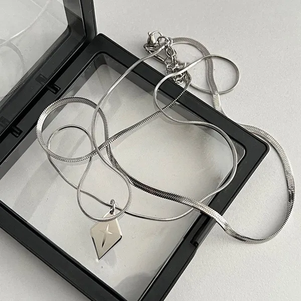 Layered Snake Chain Geometric Rhombus Cross Pendant Necklace for Men Women - Image 3